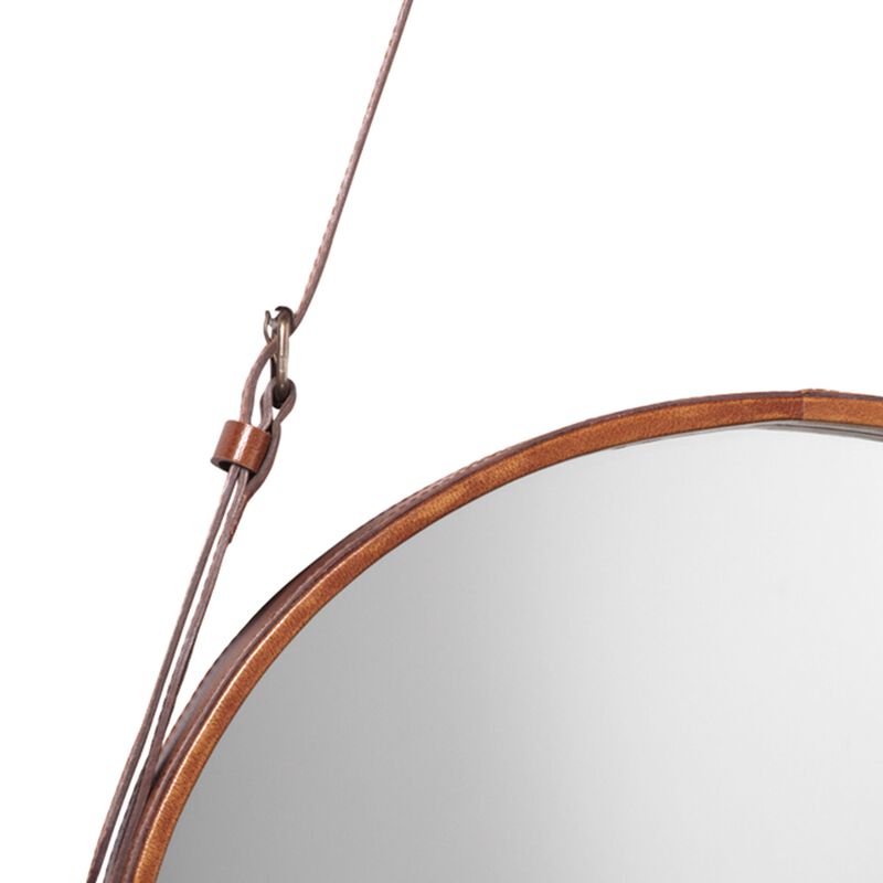 Large Round Steel Mirror, Brown Leather