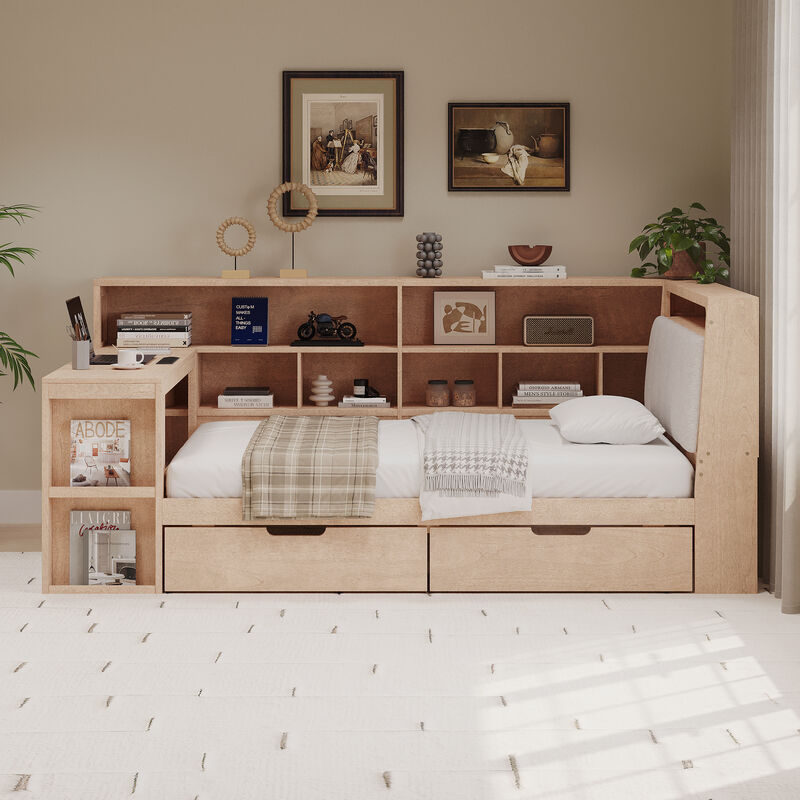 Merax L-shaped Wooden Daybed with Desk and Storage Bookcase