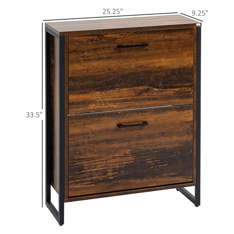 Rustic Brown Shoe Rack: Slim Cabinet with 2 Flip Doors for Entryway