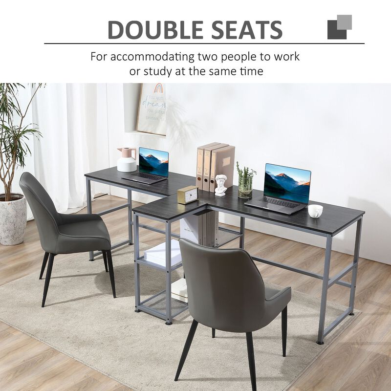 Black Shared Workspace: 83" Two Person Desk with Storage Shelf