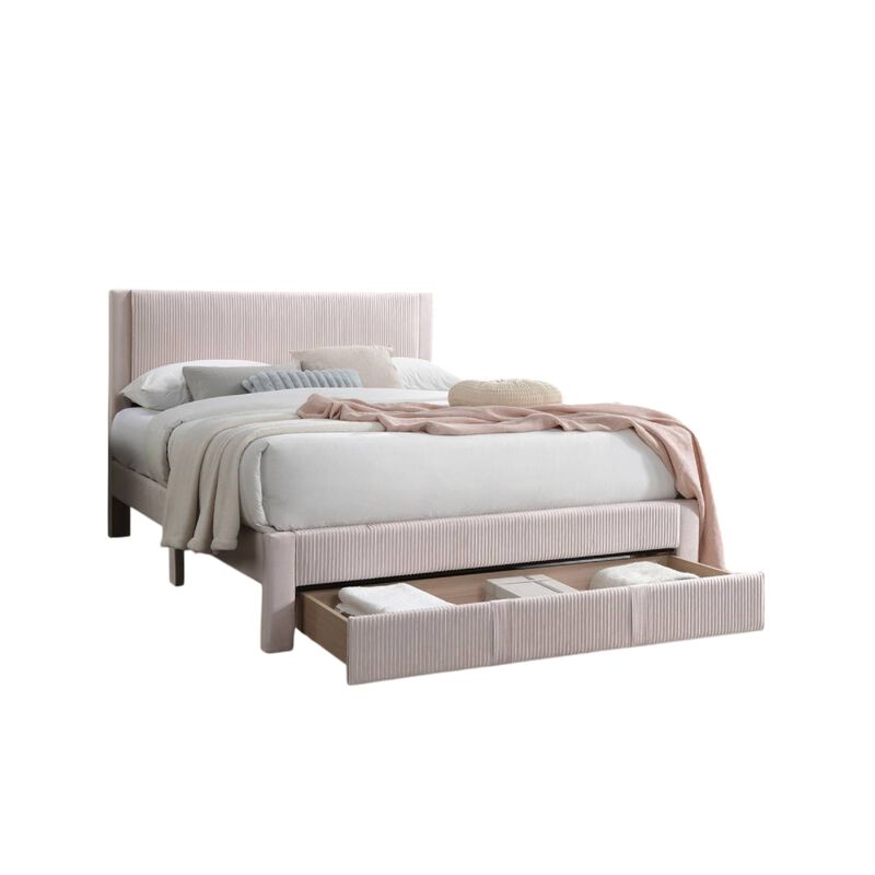 Peo Queen Size Bed w Storage Drawer, Light Pink Corduroy Upholstery - Benzara
