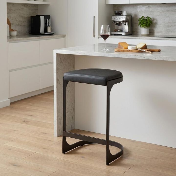 HomeRoots 29" Black Faux Leather And Genuine Leather And Metal Backless Counter Height Bar Chair