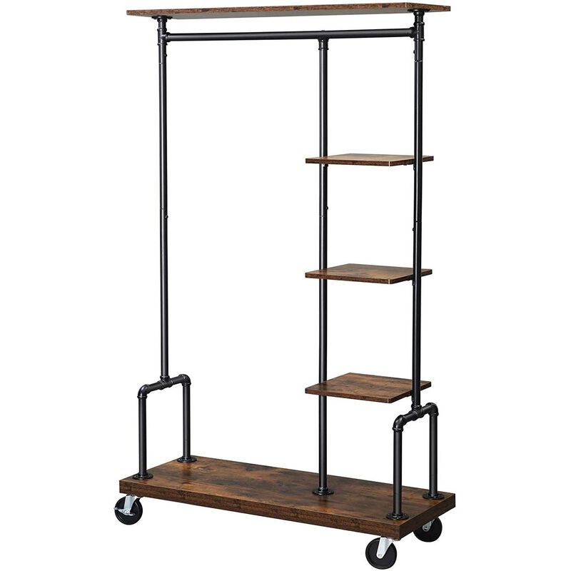 Freestanding 5-Tier Pipe Garment Rack – Farmhouse Style with Rolling Wheels