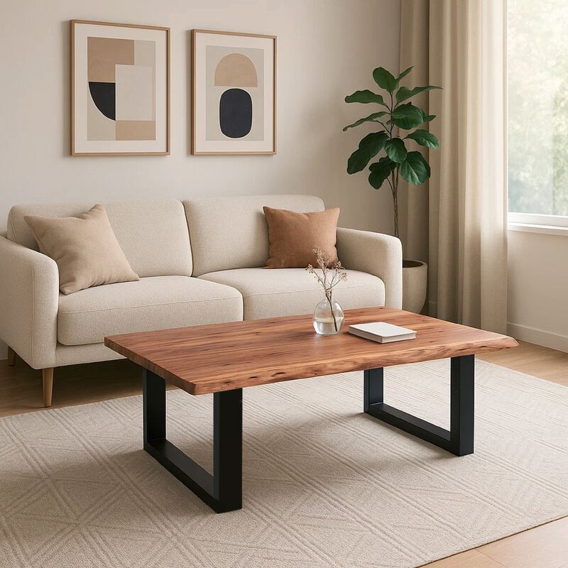 45 Inch Acacia Wood Rectangular Coffee Table, Live Edge Details, Black Powder Coated Metal Sled Base, Natural Brown image number 5