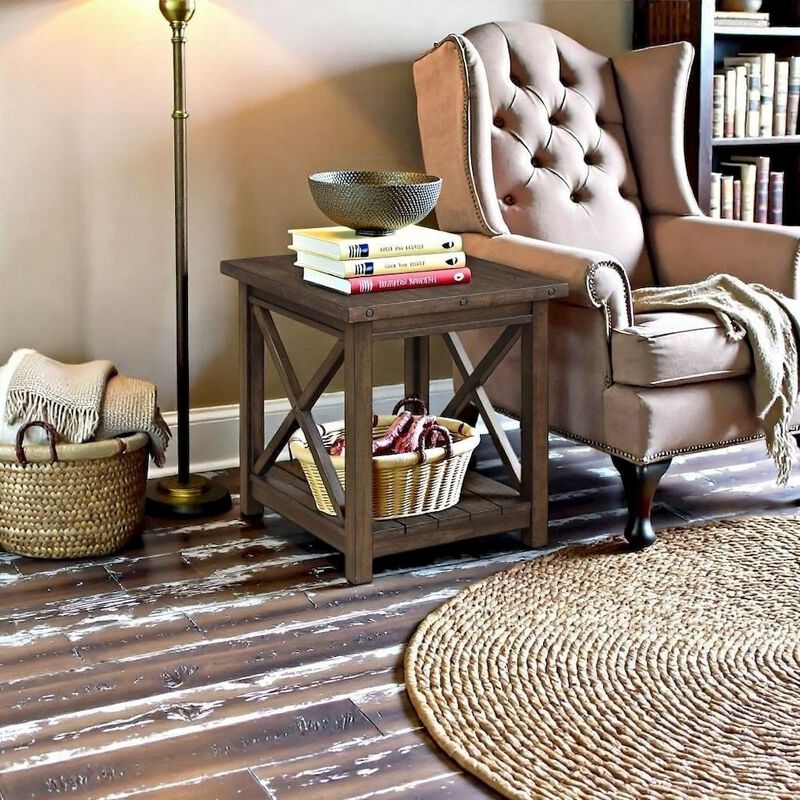 FurniFact Rustic Farmhouse End Table in Walnut &ndash; Solid Wood Square Accent Table image number 3