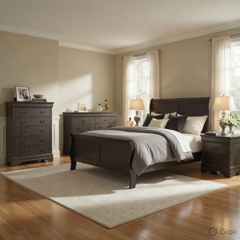 Queen Size Bedroom Set, Gray Finish, Panel Headboard, 5-Piece Set with Bed, 2 Nightstands, Dresser and Chest image number 1