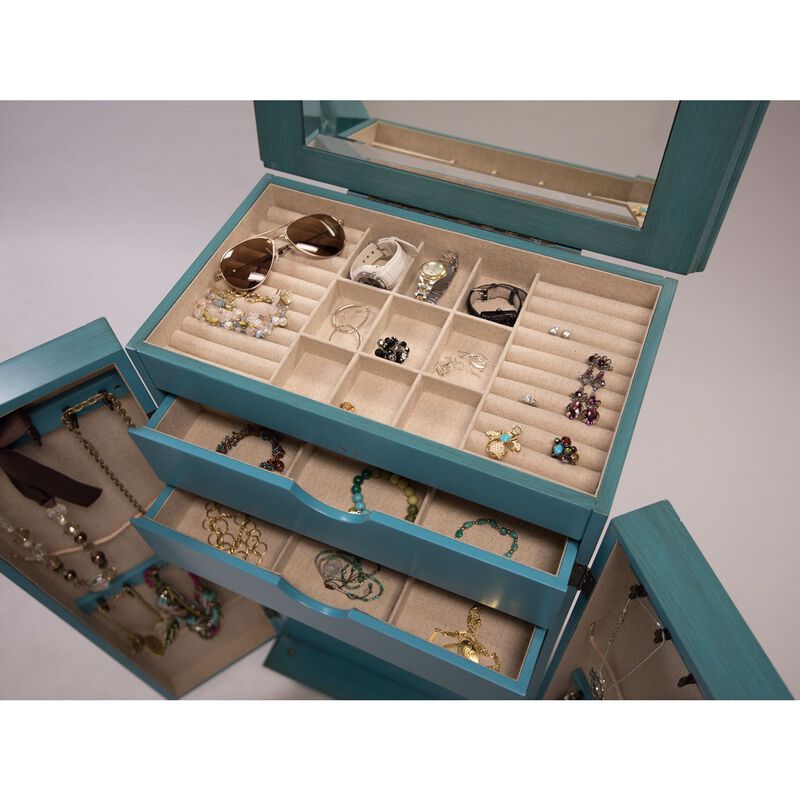Tall Wooden Jewelry Chest with Multiple Drawers and Turquoise Detailing