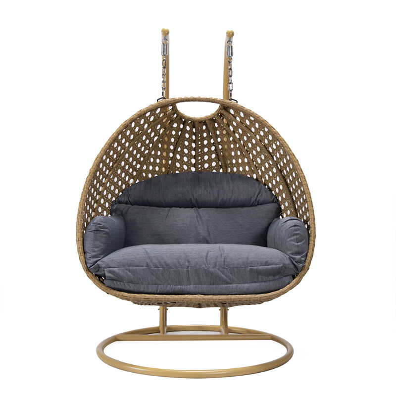 LeisureMod Mendoza Light Brown Wicker Hanging 2 person Egg Swing Chair Removable Cushion With Iron Base