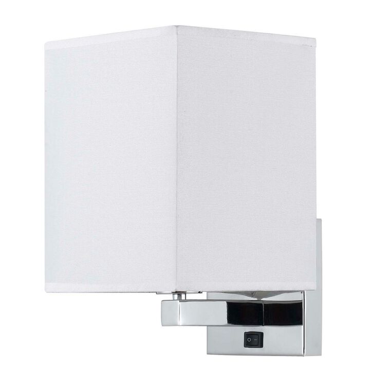 12 Inch Modern Wall Lamp with Fabric Shade, On Off Rocker Switch, White-Benzara