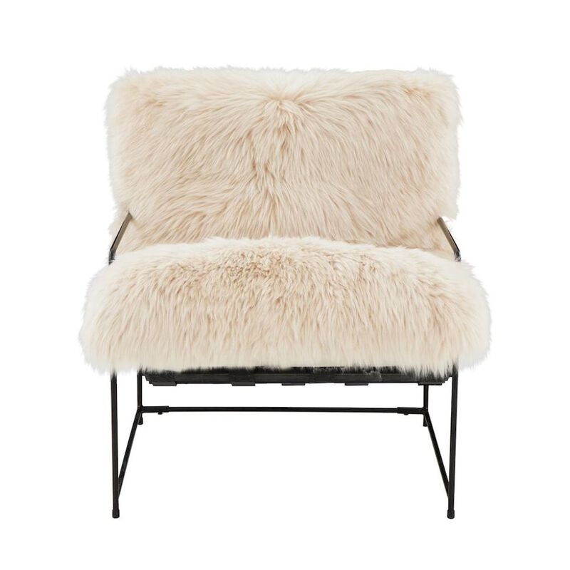 Starlight Canyon Home Beige Sheepskin Arm Chair With Black Iron Frame For Living Room Comfort