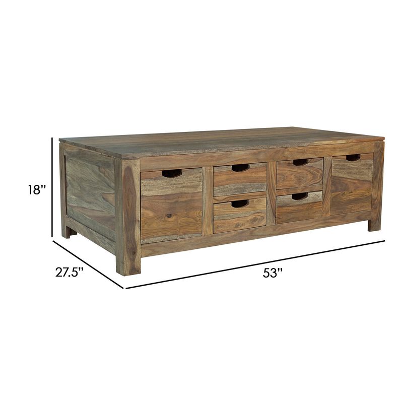 Dale 53 Inch Rustic Storage Coffee Table, 6 Gliding Pull Out Drawers, Brown image number 4