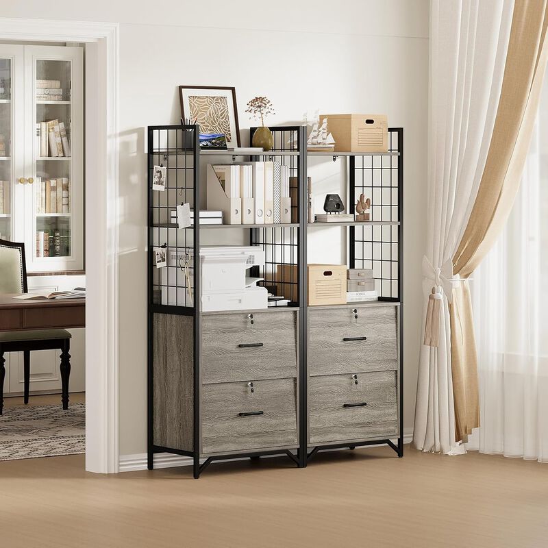 File Cabinet, 64"H Filing Cabinet with Printer Stand and Bookshelf, Small Office Cabinet with 2 Wood Drawers and Shelves, Drawer Office File Cabinets image number 7