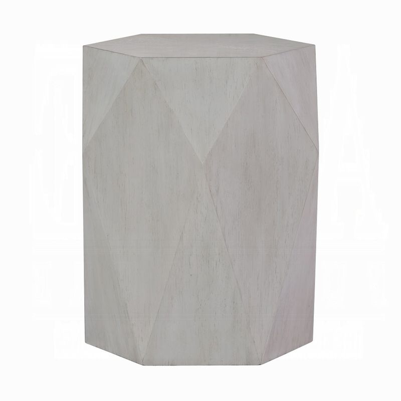 Hano Side End Table, White Rubberwood, 22 Inch, Geometric Design Body