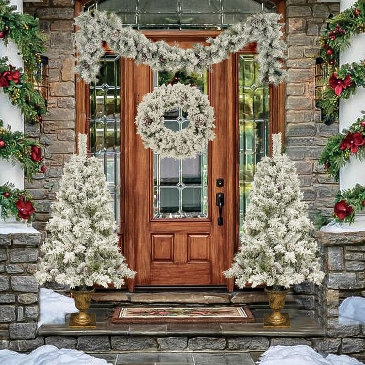 Whisen Pre-lit Xmas Tree Artificial Christmas 4-Piece Set,Garland, Wreath and Set of 2 Entrance Trees X-mas with LED Lights