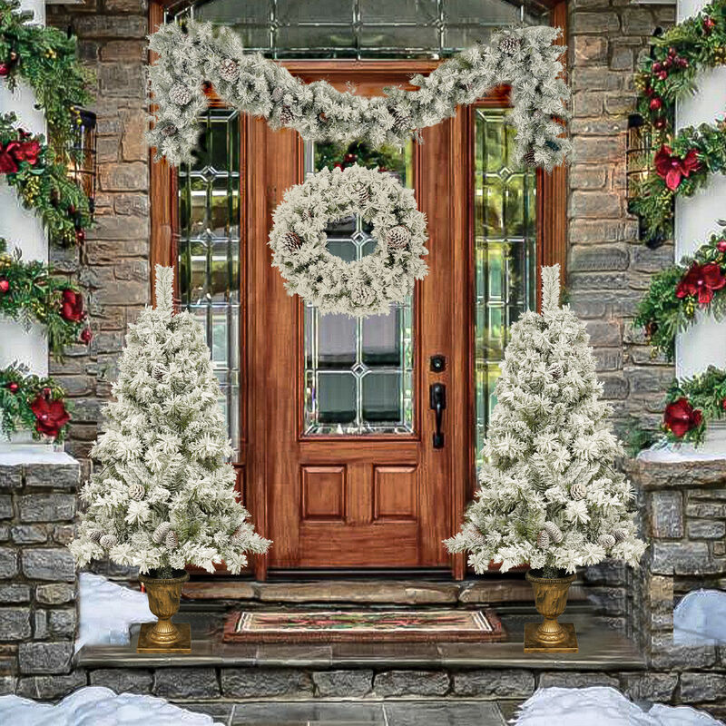 Whisen Pre-lit Xmas Tree Artificial Christmas 4-Piece Set,Garland, Wreath and Set of 2 Entrance Trees X-mas with LED Lights image number 1