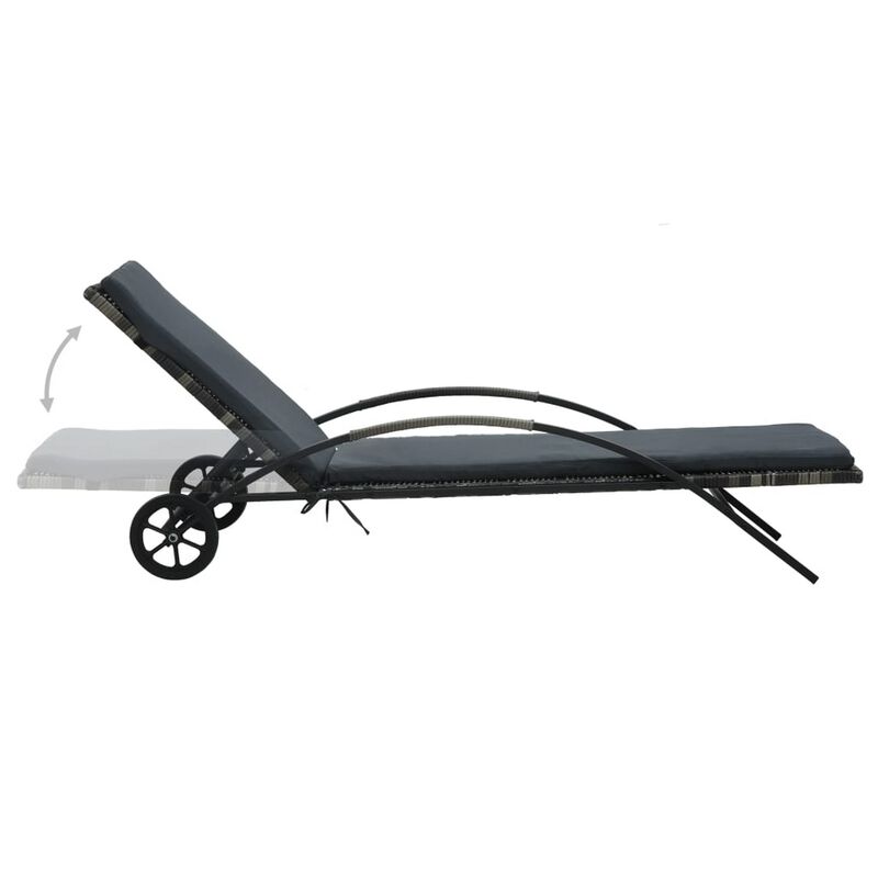Sun Chaise Lounger with Cushion, 79 Inch, Wheels, Gray Poly Rattan - Benzara