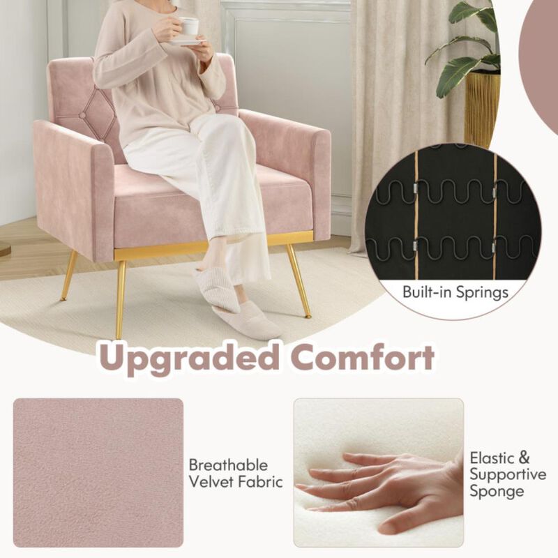 Modern Velvet Accent Chair with Button Tufted Back Golden Metal Legs and Adjustable Foot Pads image number 6