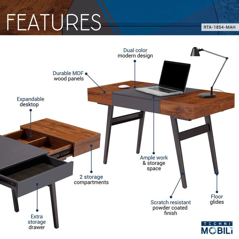 Techni Mobili Expandable Modern Desk with Storage, Mahogany