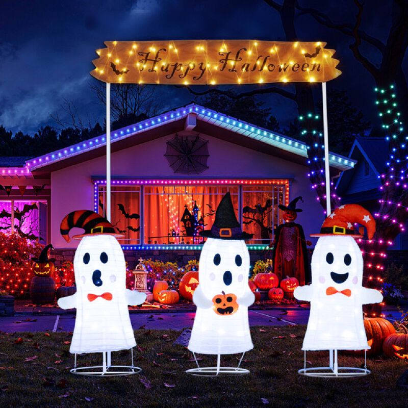 Pop- Up Ghost Halloween Decoration Set of 4 with Gate and LED Lights-White image number 3