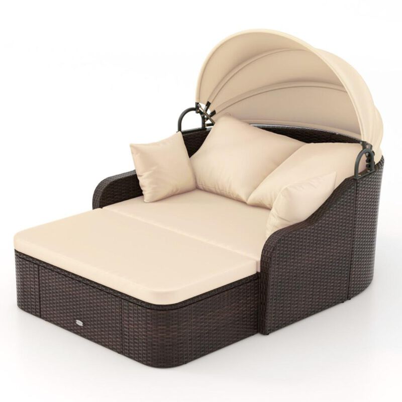 Hivvago Patio PE Rattan Daybed with Retractable Canopy and Soft Cushions