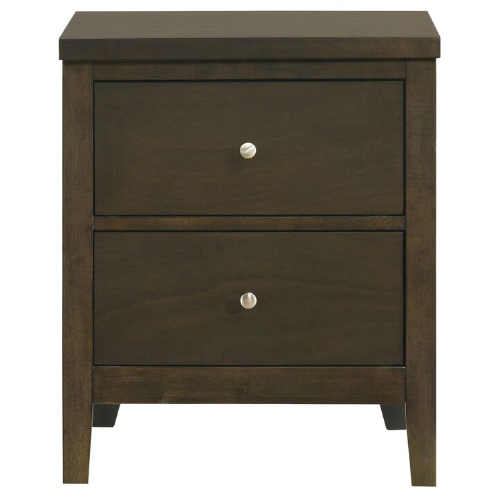 Wily Nightstand, Dark Brown Wood, 2 Drawers with Round Nickel Knobs - Benzara