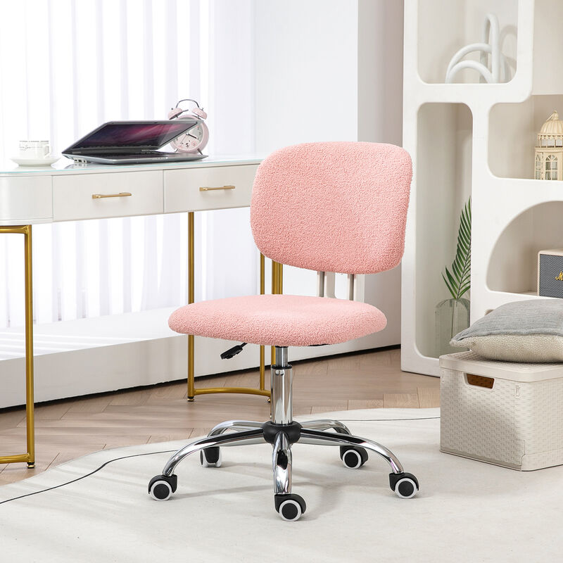 Vinsetto Cute Armless Office Chair, Teddy Fleece Fabric Computer Desk Chair, Vanity Task Chair with Adjustable Height, Swivel Wheels, Mid Back, Pink