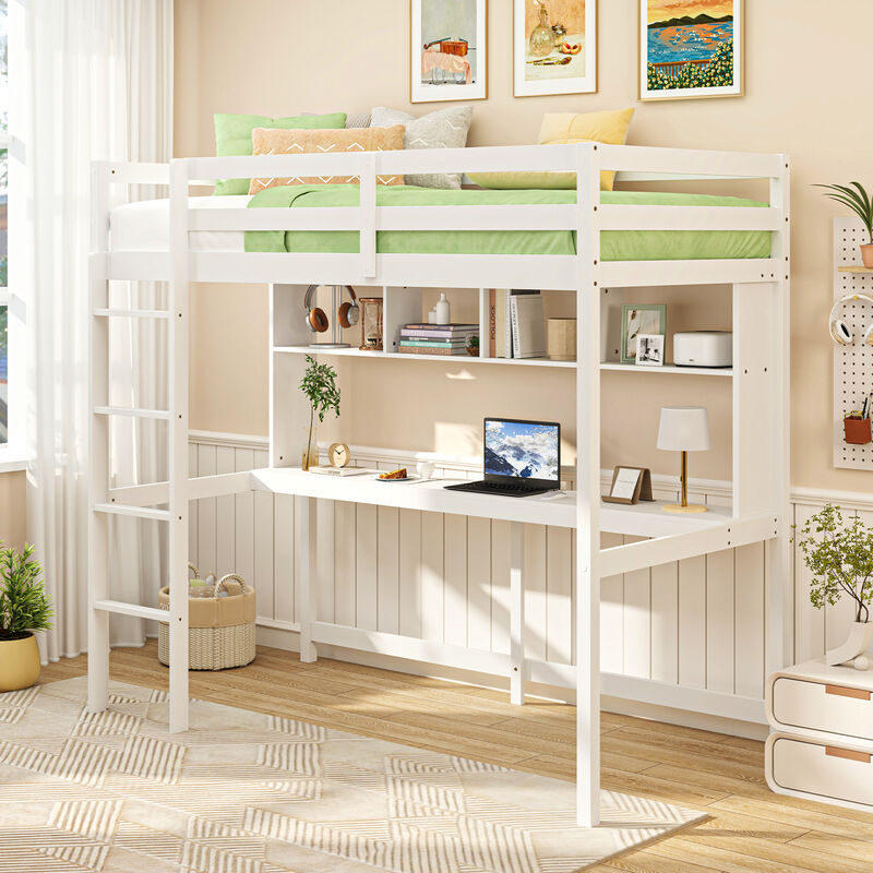 Compact Loft Bed with Desk and Bookshelves for Teens & College Students