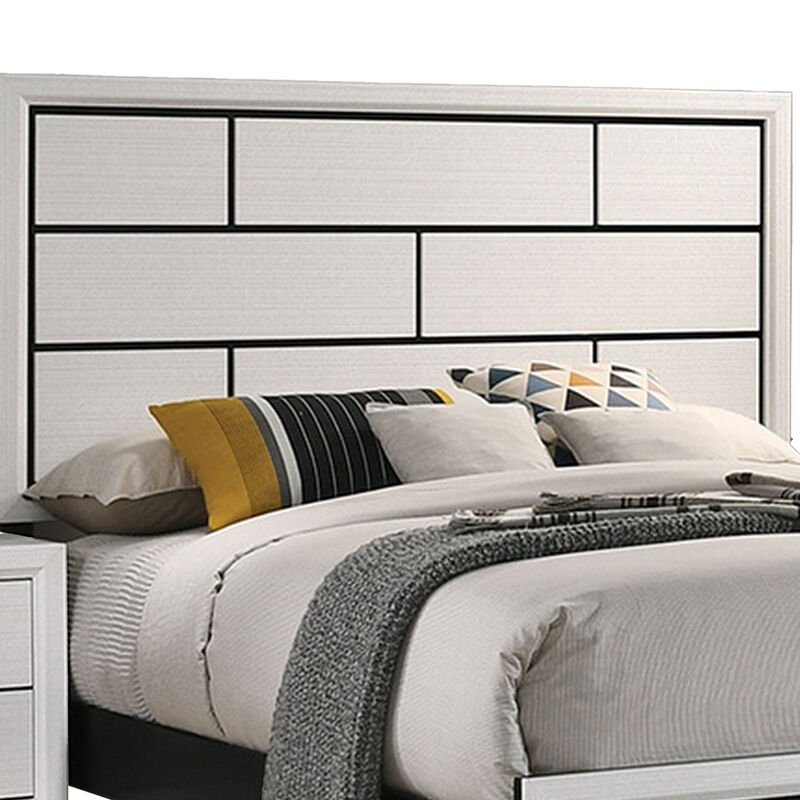 Erica King Size Bed, White and Black Wood Finish, Panel Style Headboard - Benzara