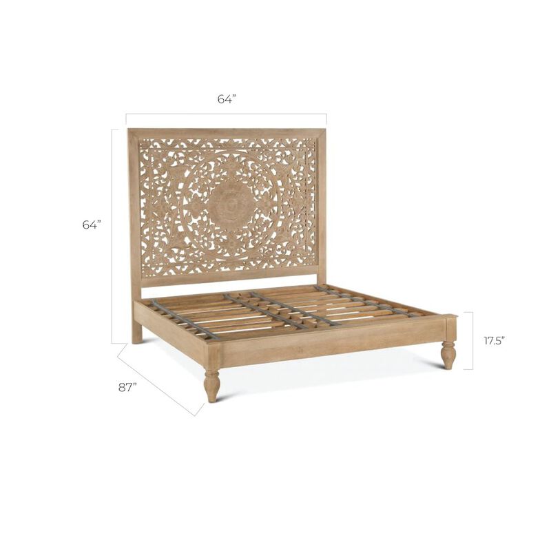 World Interiors Haveli Mango Wood Queen Bed in Natural Whitewash Finish image number 1