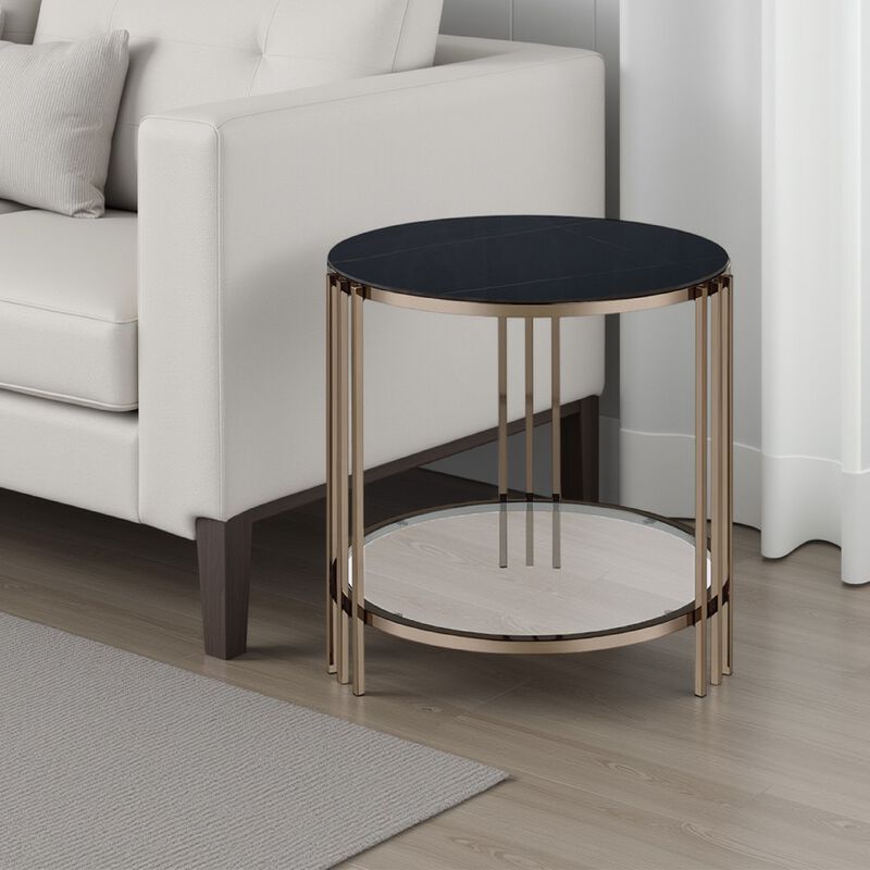 Abio Side End Table, 23 Inch, Round Sintered Stone Top, Black and Gold