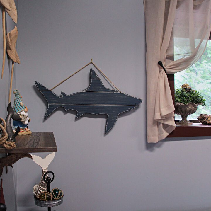 31 Inch Blue Wood Carved Shark Wall Decor Plaque Hanging Nautical Art Coastal