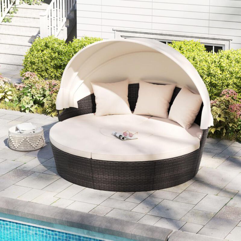 Hivvago Patio Round Daybed with Retractable Canopy-White