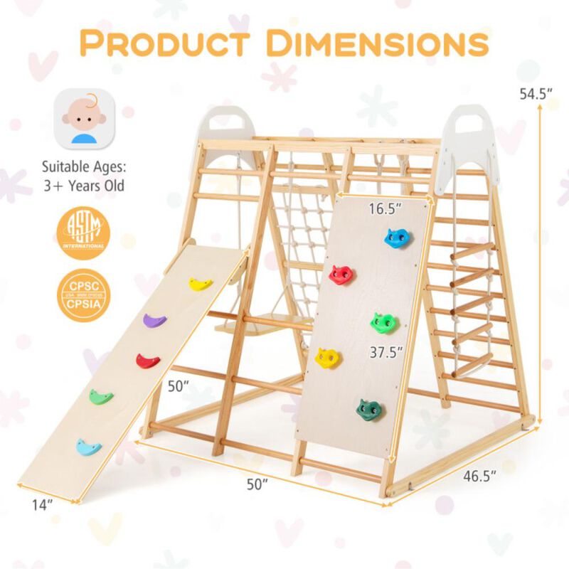Hivvago 8-in-1 Wooden Jungle Gym Playset with Slide and Monkey Bars
