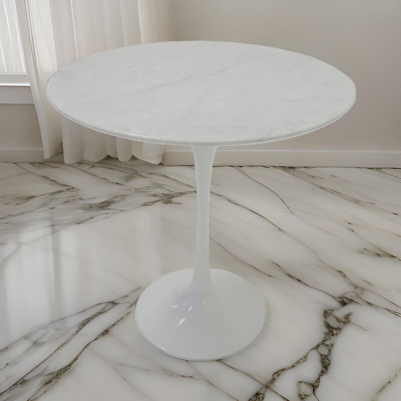 Sufi 21 Inch Side End Table, Round Top, Pedestal Base, Marble White Finish