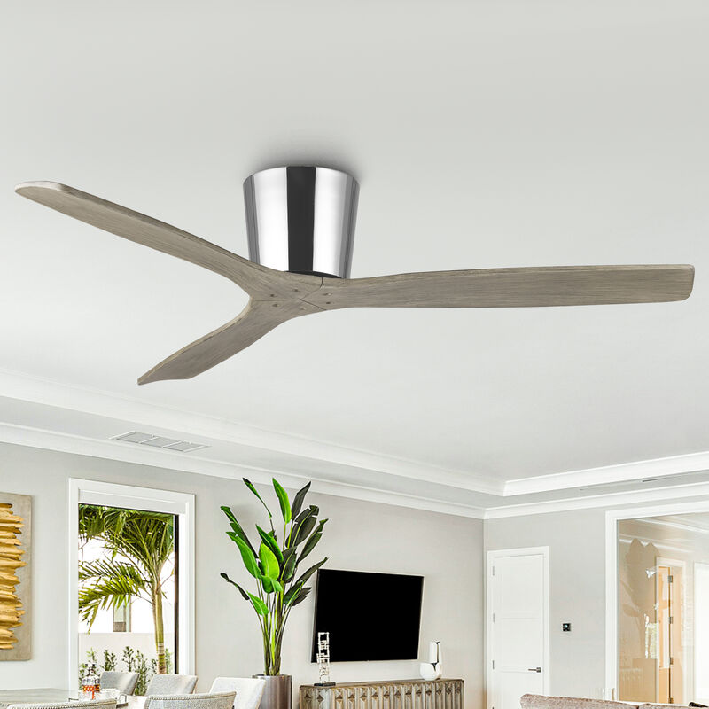 54 in. Polish Nickel Solid Wood Blades Flush Mount Ceiling Fan with Remote without Light