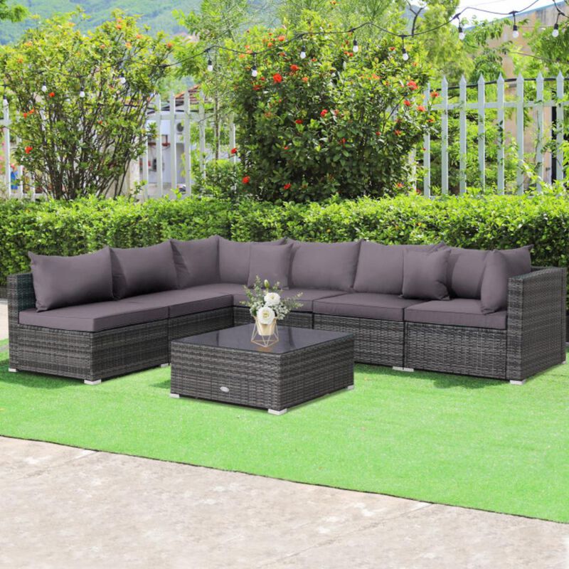 Hivvago 7 Pieces Patio Rattan Furniture Set with Sectional Sofa Cushioned