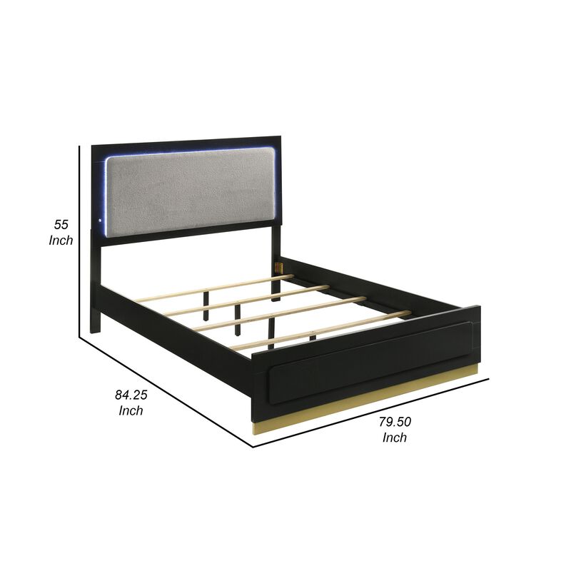 Caer King Size Bed, LED Panel Tall Headboard, Gray Upholstery, Black Okume - Benzara