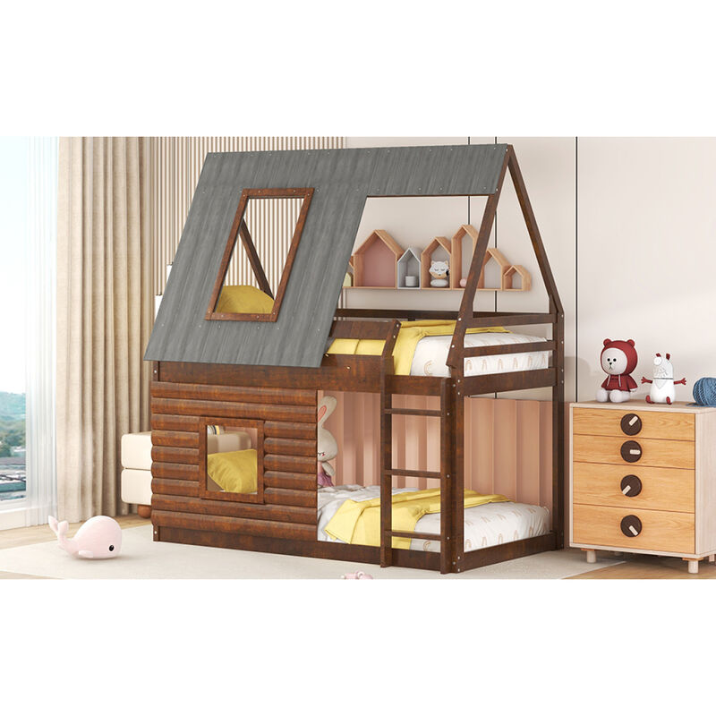 Wood Twin Size House Bunk Bed With Roof, Ladder And 2 Windows, Oak & Smoky