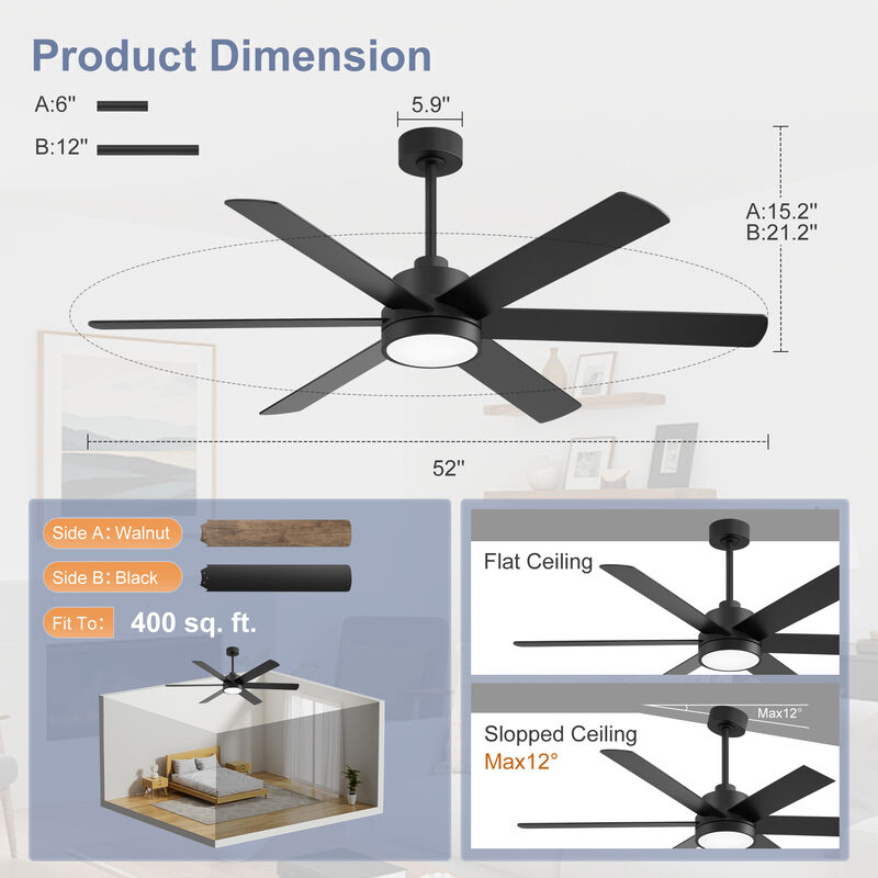 Breezary 60 in LED Ceiling Fan with Light and Remote, 6 Blade DC Motor Fan, Reversible Quiet Fan with Timer image number 6
