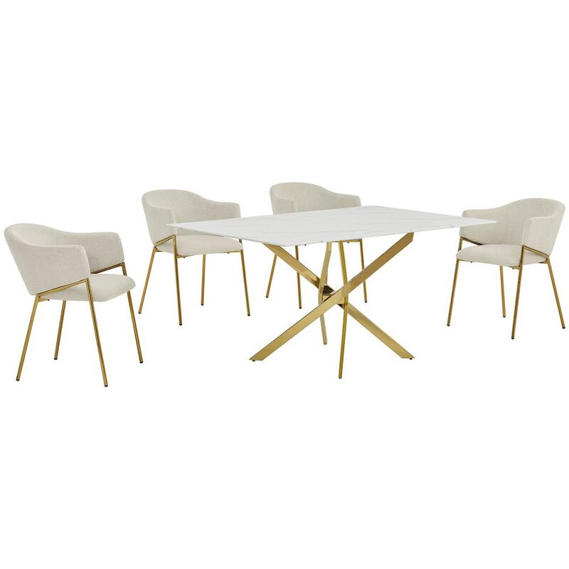 Best Quality Furniture Rectangle Marble Wrap Tempered Glass Dining Table With 4 Linen Beige Side Chairs