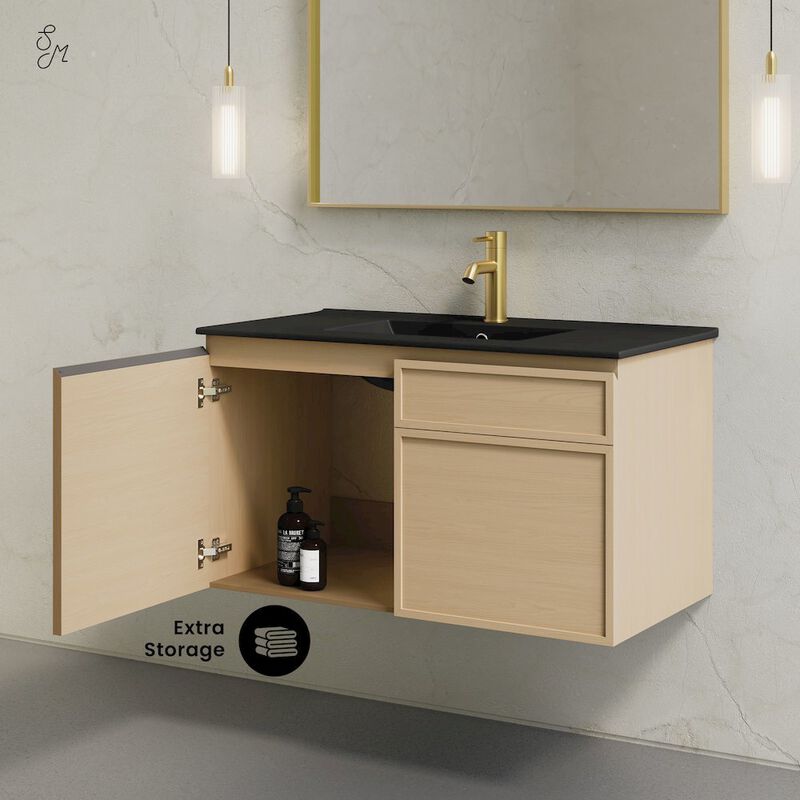 St. Tropez 36" Wall-Mounted Bathroom Vanity in Natural Oak with Black Sink Top image number 2