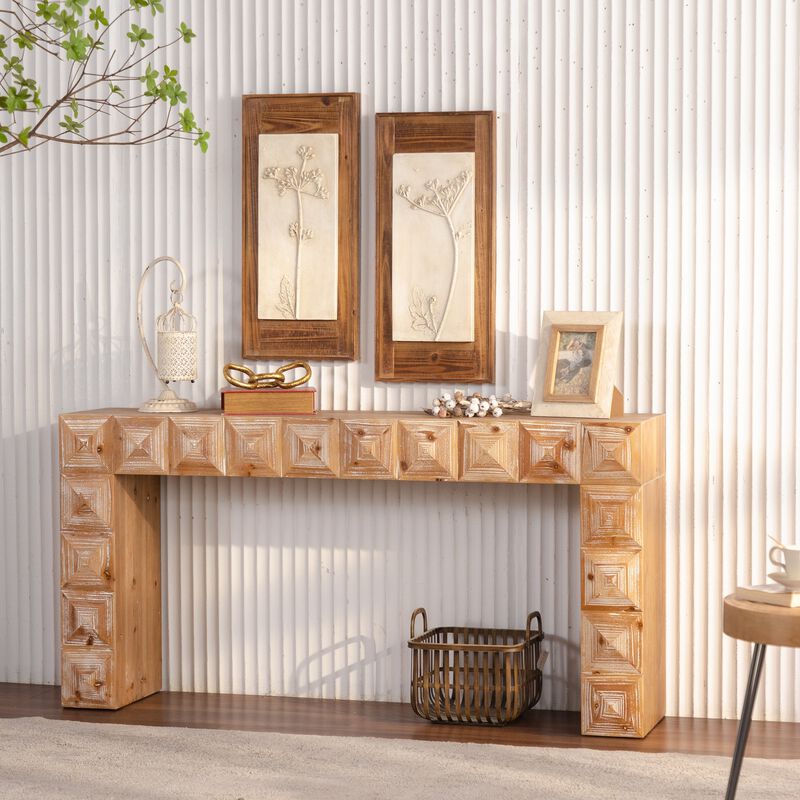 59.06"Rustic Geometric Relief Console Table-Entryway Table with 3D Carved Details image number 2
