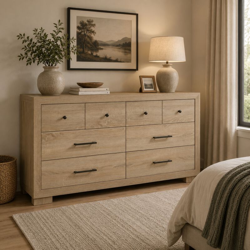Poxy Wide Dresser with 6 Drawers, Nickel Metal, Oak Brown Wood image number 8