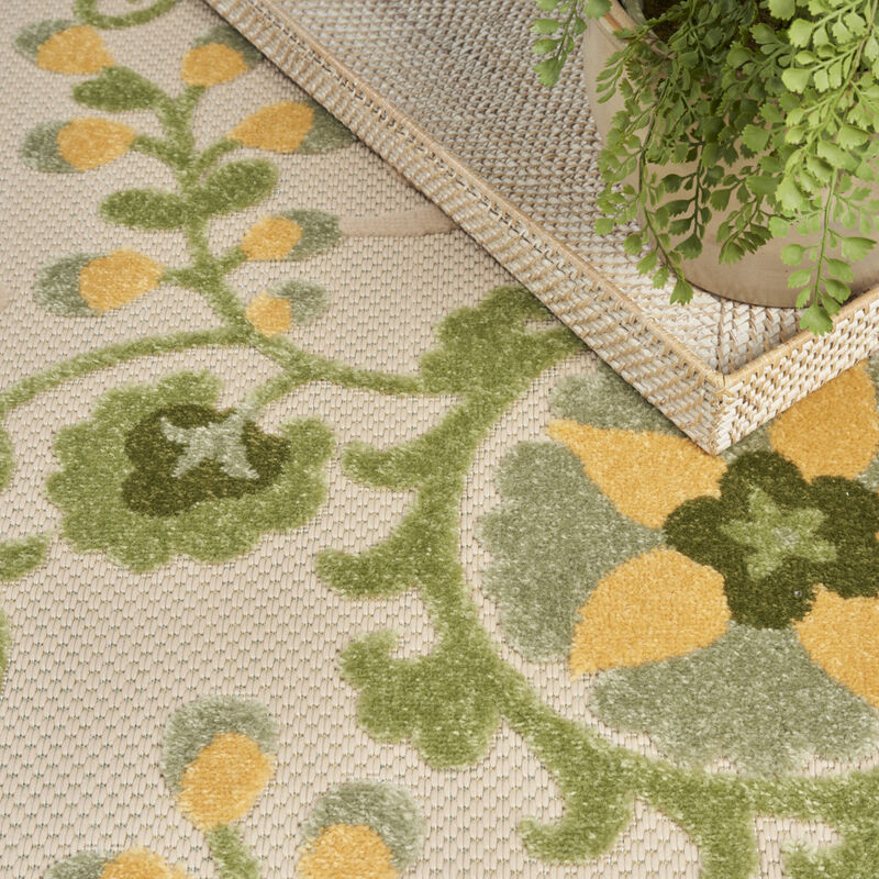 HomeRoots 5' Ivory Green Dark Green And Yellow Round Floral Indoor Outdoor Area Rug image number 5
