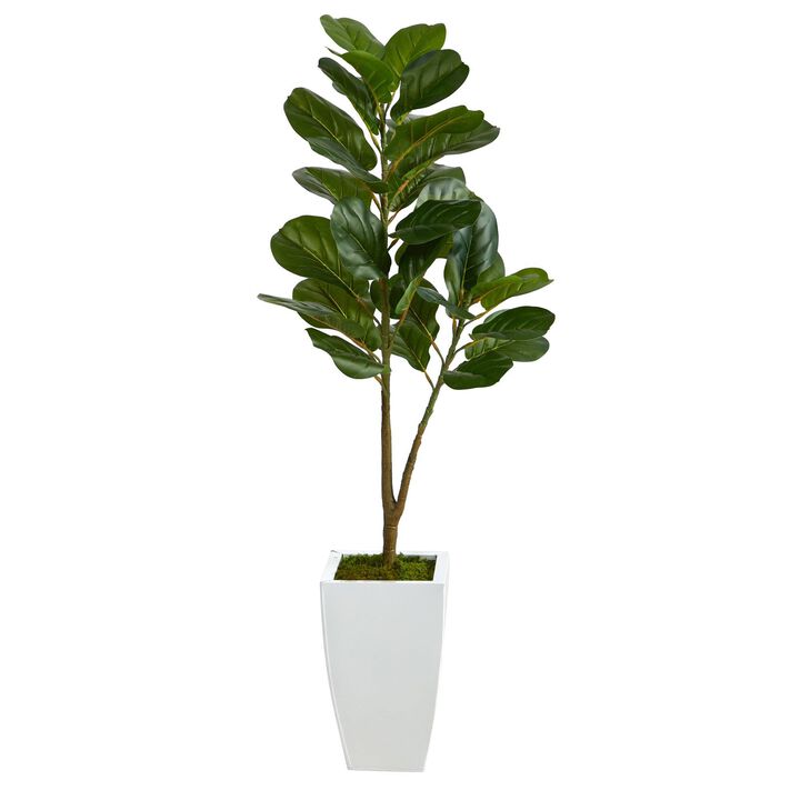 Nearly Natural 4-ft Fiddle Leaf Fig Artificial Tree in White Metal Planter