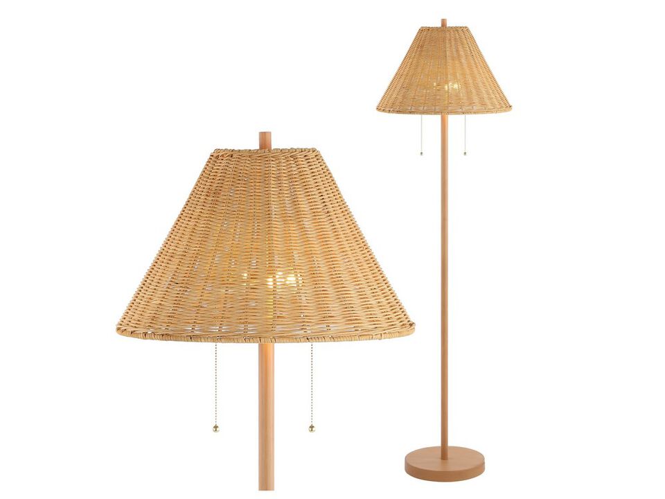 Nando 61" 2-Light Coastal Bohemian Iron/Rattan LED Floor Lamp with Pull-Chain, Brown Wood Finish