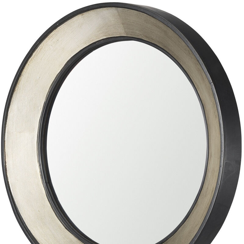 HomeRoots 22" Champagne And Dark Brown Metal And Solid Wood Round Framed Accent Mirror image number 3