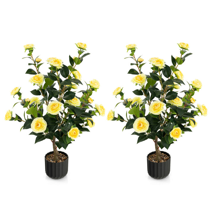 38 Inch Artificial Camellia Tree Faux Flower Plant in Cement Pot 2 Pack