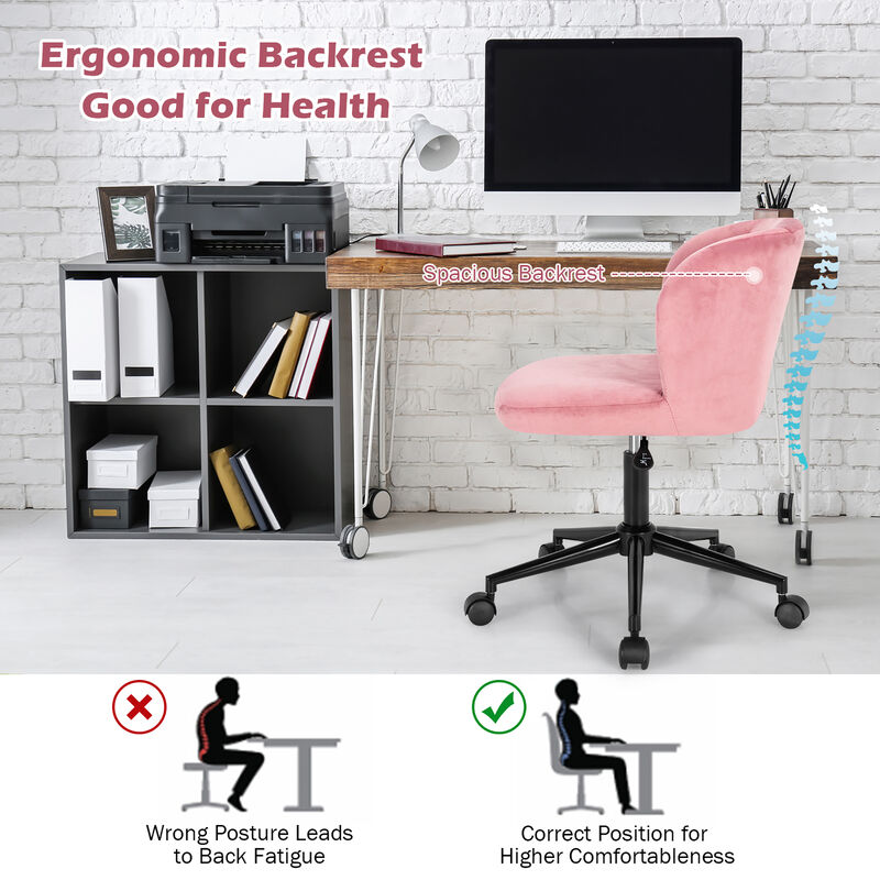 Costway Velvet Home Office Leisure Vanity Chair Armless Adjustable Swivel Pink