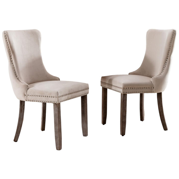 Set of 2 Wing-Back Dining Chairs, Backstitching, Nailhead Trim, Solid Wood Legs